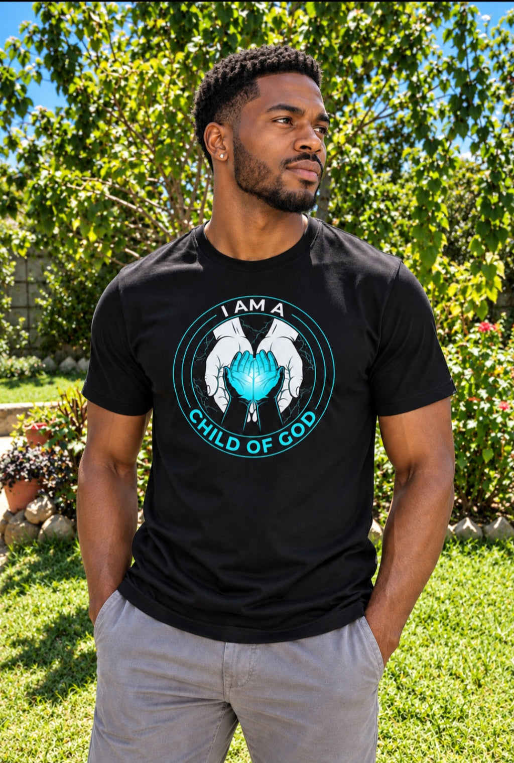 Man wearing black I Am a Child of God faith tee outdoors – Sister Style Christian Streetwear