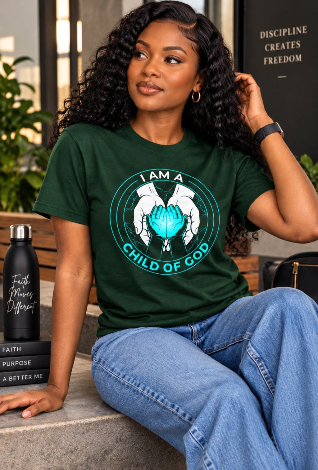 Woman wearing forest green I Am a Child of God tee sitting outdoors with Faith books – Sister Style