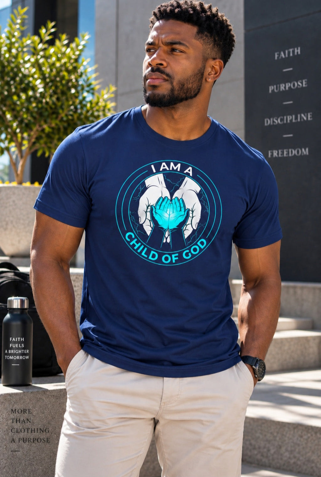 Man wearing navy I Am a Child of God tee outdoors with Faith Purpose Discipline wall – Sister Style Christian Streetwear