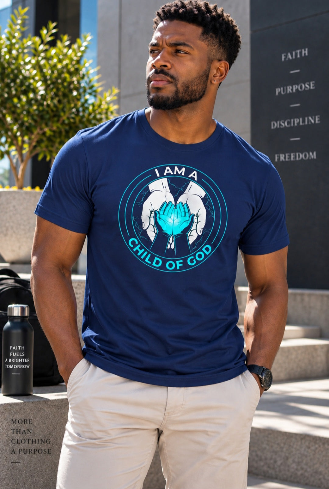 Man wearing navy I Am a Child of God tee outdoors with Faith Purpose Discipline wall – Sister Style Christian Streetwear