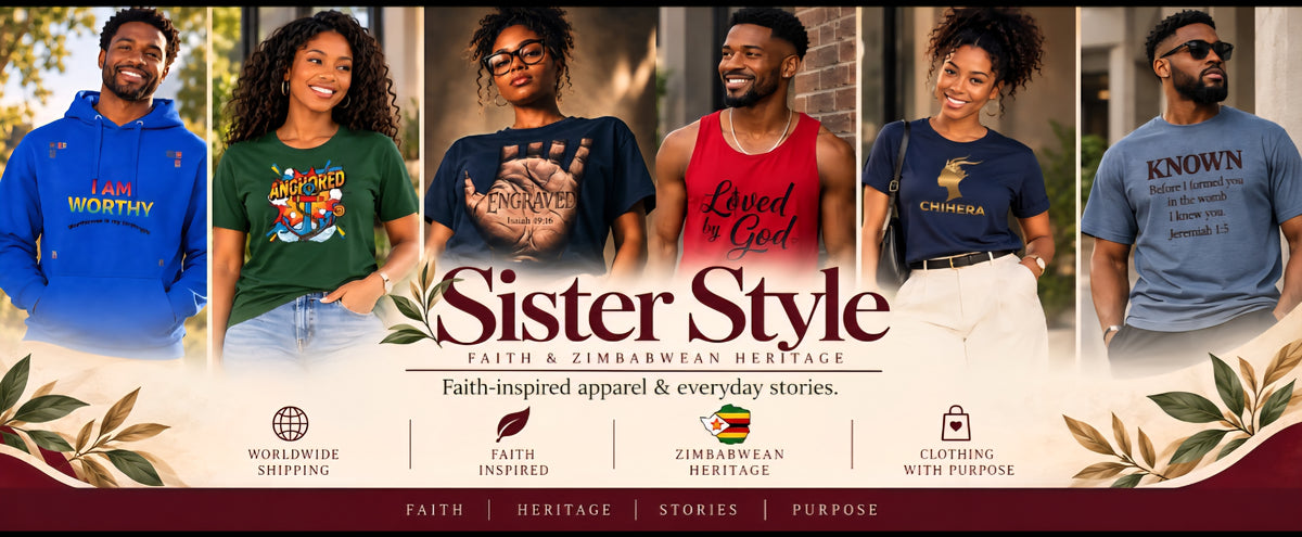 Sister Style – Faith & Zimbabwean Heritage – More Than Clothing, A Movement – Six Models Wearing Faith-Inspired Streetwear Including I Am Worthy, Anchored, Engraved, Loved by God, Chihera and Known Tees