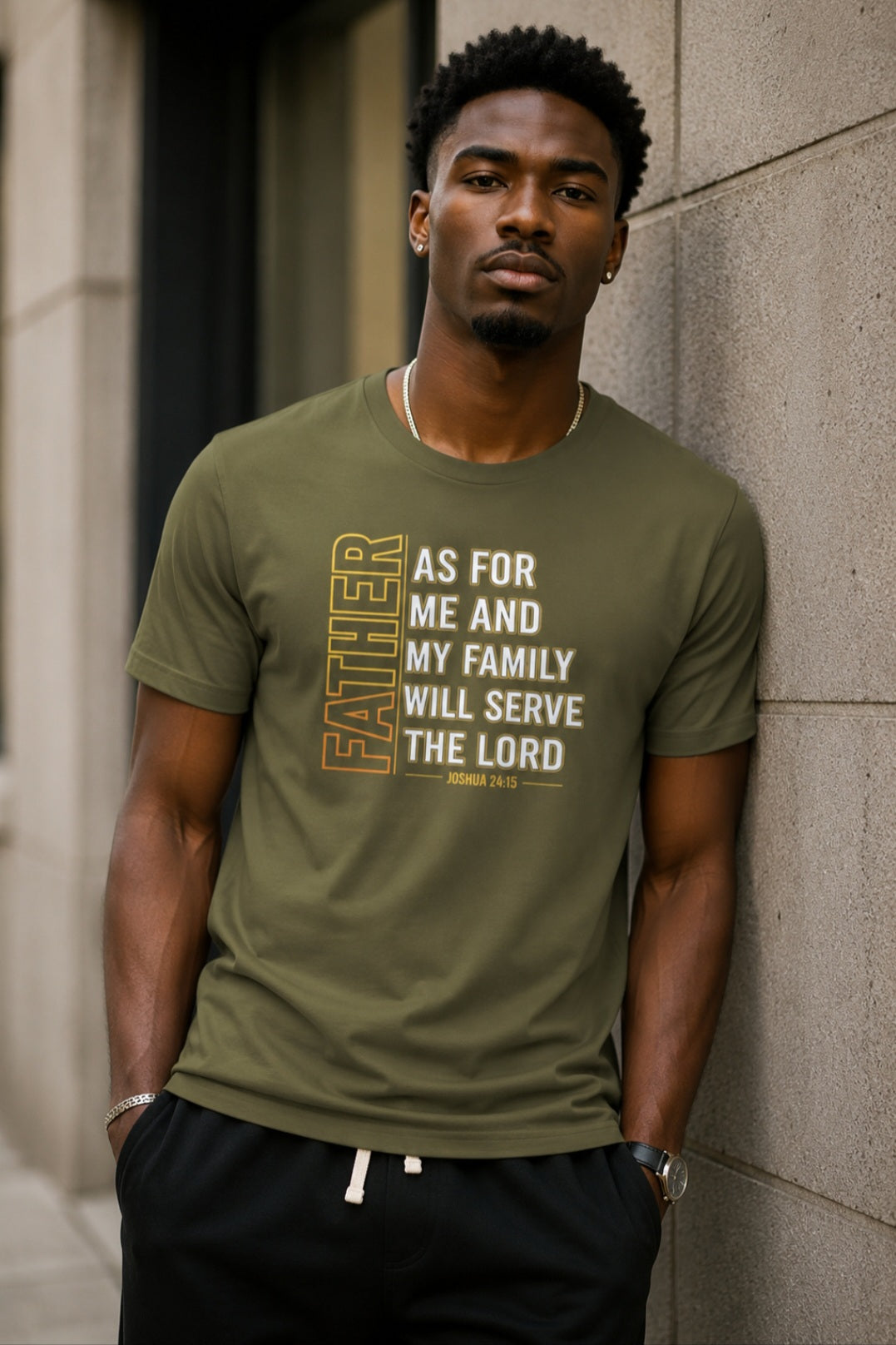 Man wearing olive Father As For Me and My Family Will Serve the Lord tee – Joshua 24:15 – Sister Style Christian Faith Streetwear