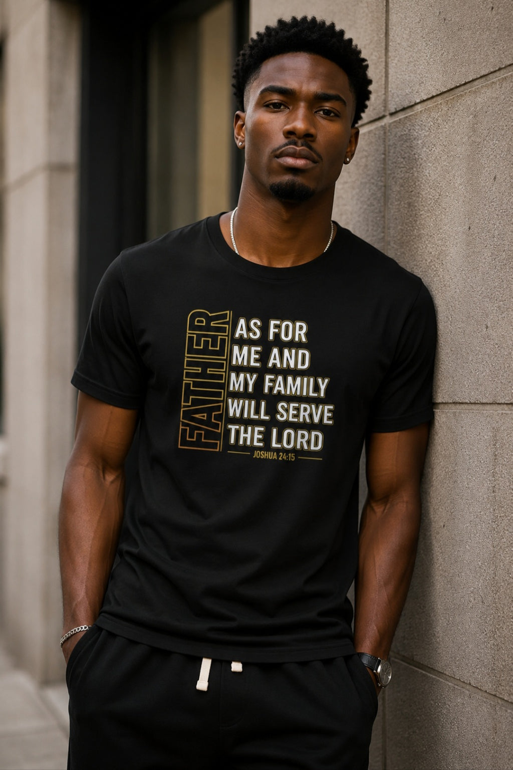 Man wearing black Father As For Me and My Family Will Serve the Lord tee – Joshua 24:15 – Sister Style Christian Faith Streetwear