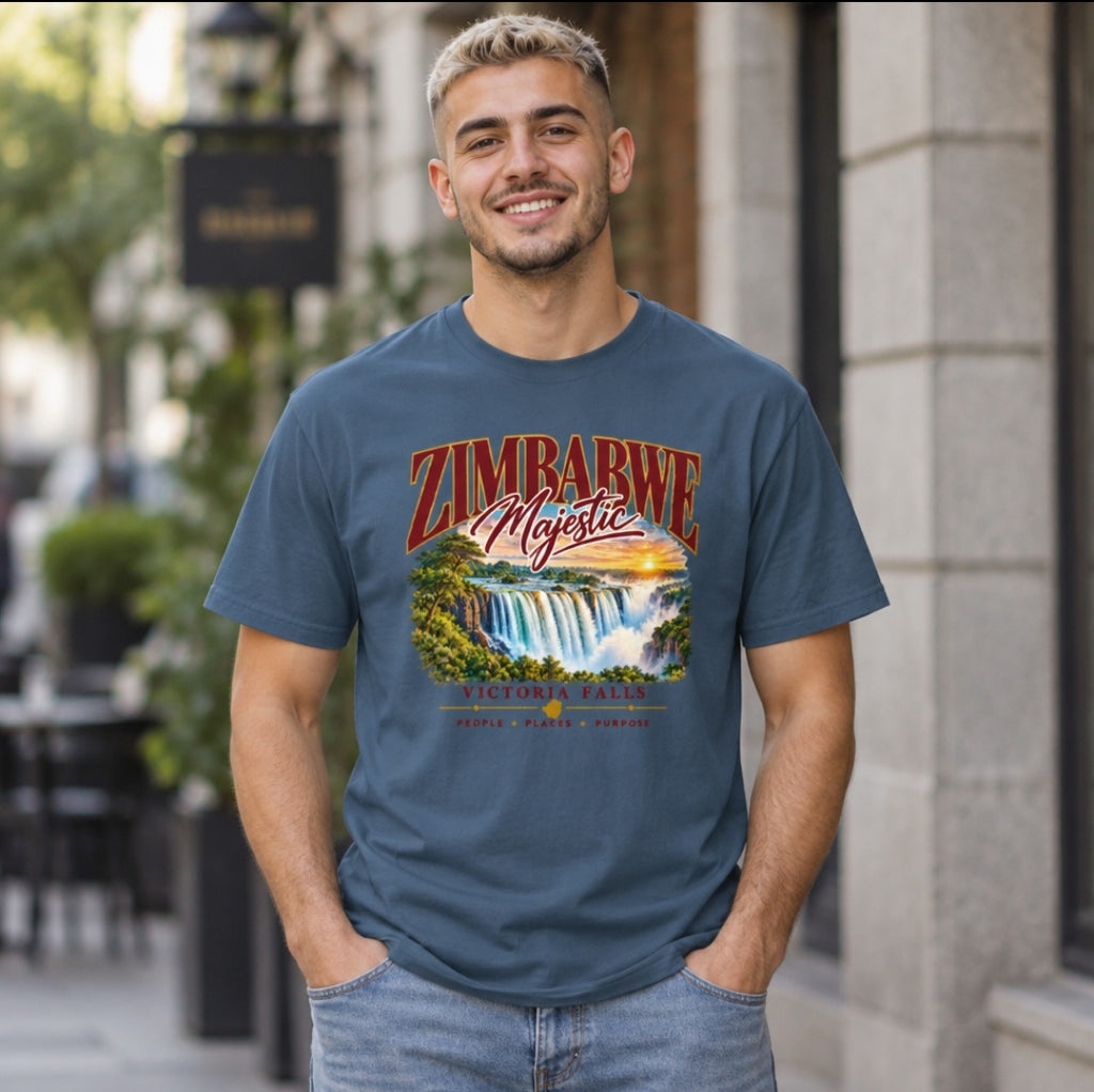 Model wearing a midnight blue Sister Style Victoria Falls t-shirt outdoors, with waterfall artwork and “Zimbabwe Majestic” lettering.