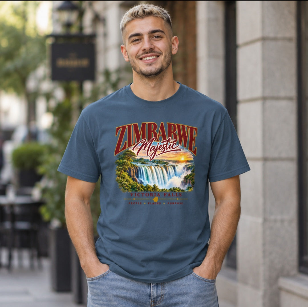 Model wearing a midnight blue Sister Style Victoria Falls t-shirt outdoors, with waterfall artwork and “Zimbabwe Majestic” lettering.
