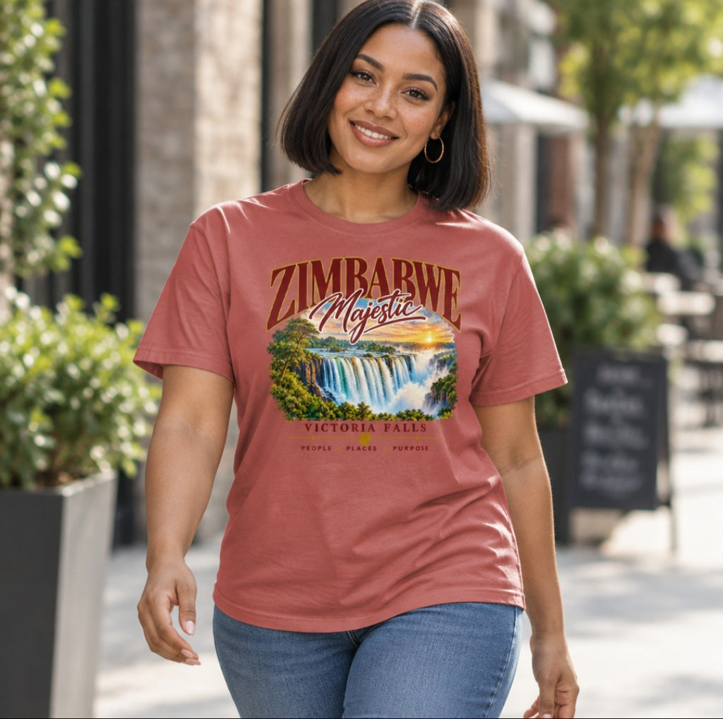 Model wearing a crimson Sister Style Victoria Falls t-shirt outdoors, with waterfall artwork and “Zimbabwe Majestic” lettering.