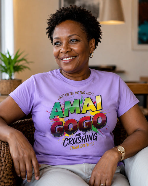 Woman wearing the Amai Gogo Tee by Sister Style — Zimbabwean heritage faith fashion for mamas and gogos