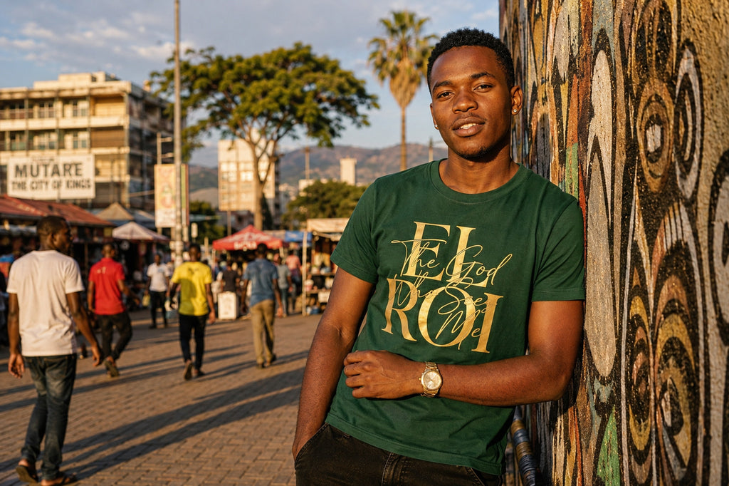 Man wearing the El Roi Tee by Sister Style on the streets of Mutare Zimbabwe — Christian faith streetwear African heritage