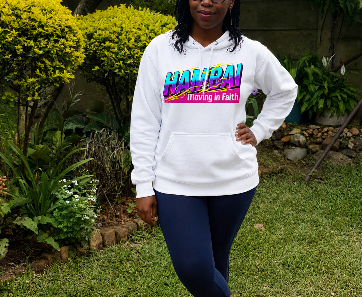Woman wearing Hambai Moving in Faith hoodie by Sister Style — Shona Christian faith streetwear Zimbabwe African heritage