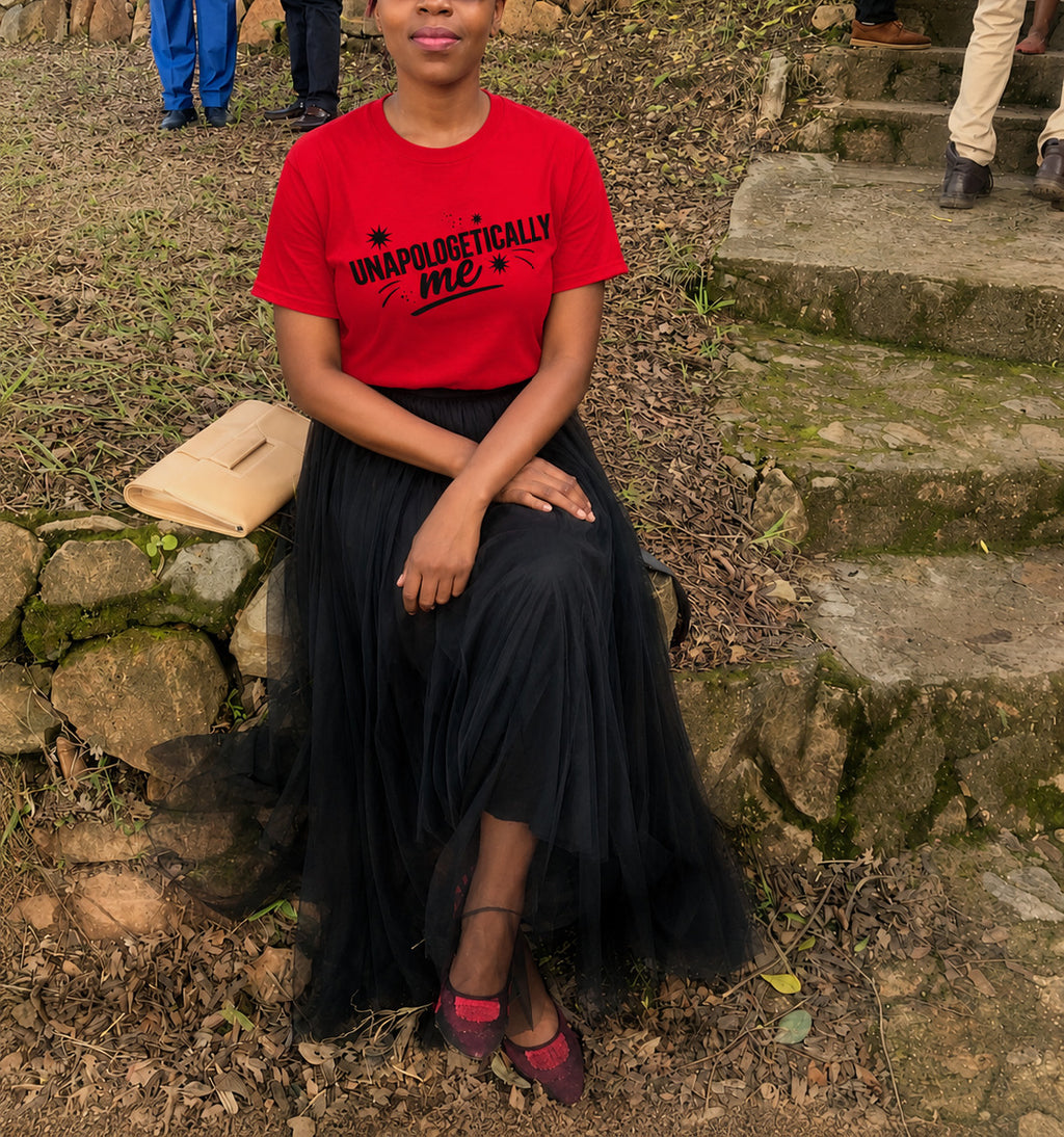 Woman wearing Unapologetically Me red tee by Sister Style — African heritage confidence fashion Zimbabwe diaspora