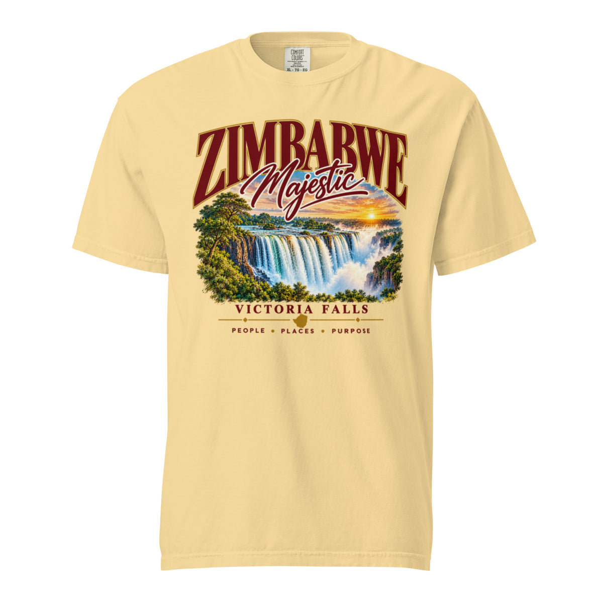 Front view of butter yellow Victoria Falls heavyweight t-shirt with waterfall artwork and “Zimbabwe Majestic” lettering.