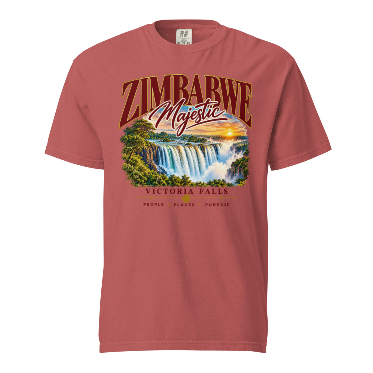 Front view of crimson Victoria Falls heavyweight t-shirt with waterfall artwork and “Zimbabwe Majestic” lettering.