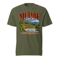 Front view of hemp-coloured Mutare heavyweight t-shirt with scenic road artwork, “Mutare Our Home” and “Manicaland” lettering.