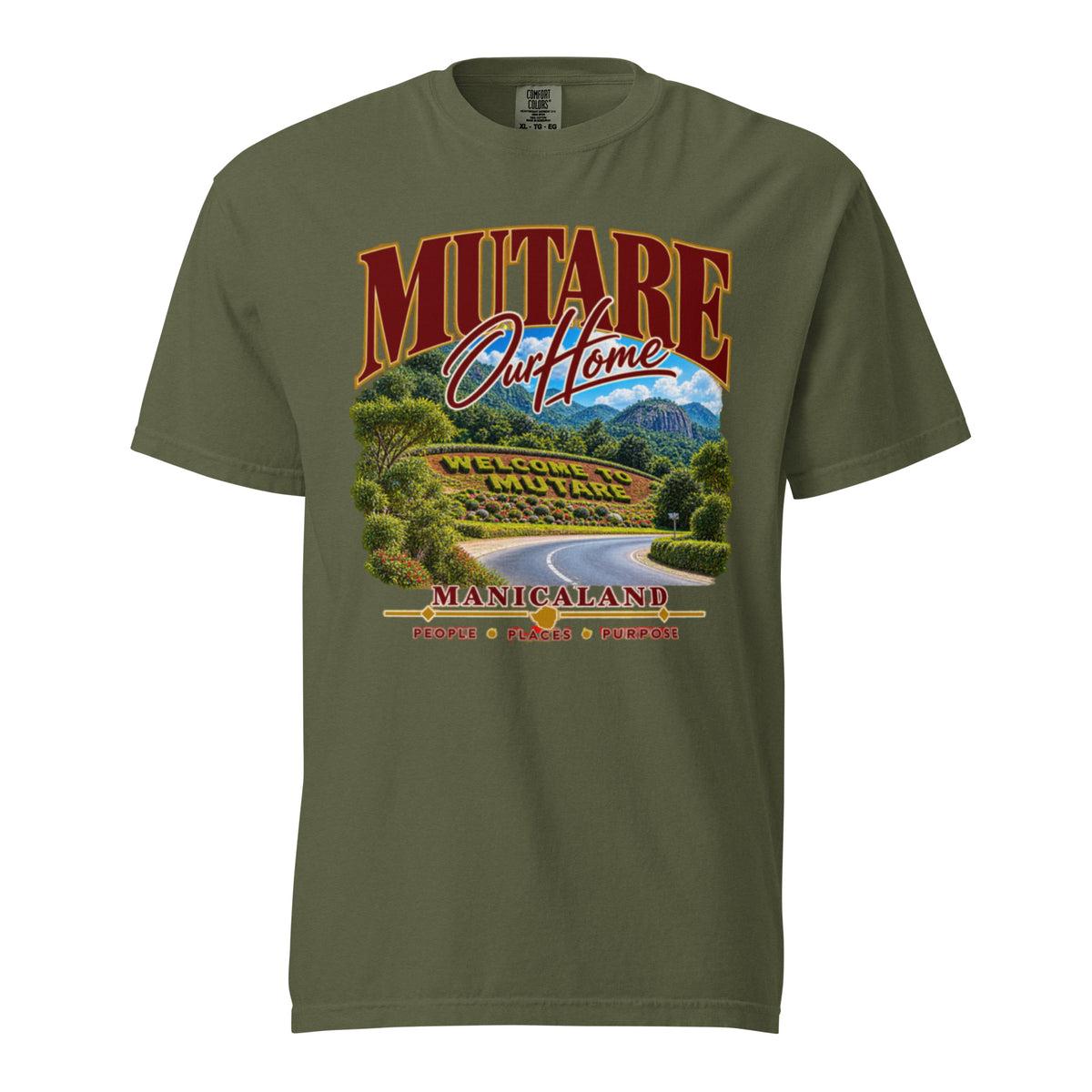 Front view of hemp-coloured Mutare heavyweight t-shirt with scenic road artwork, “Mutare Our Home” and “Manicaland” lettering.