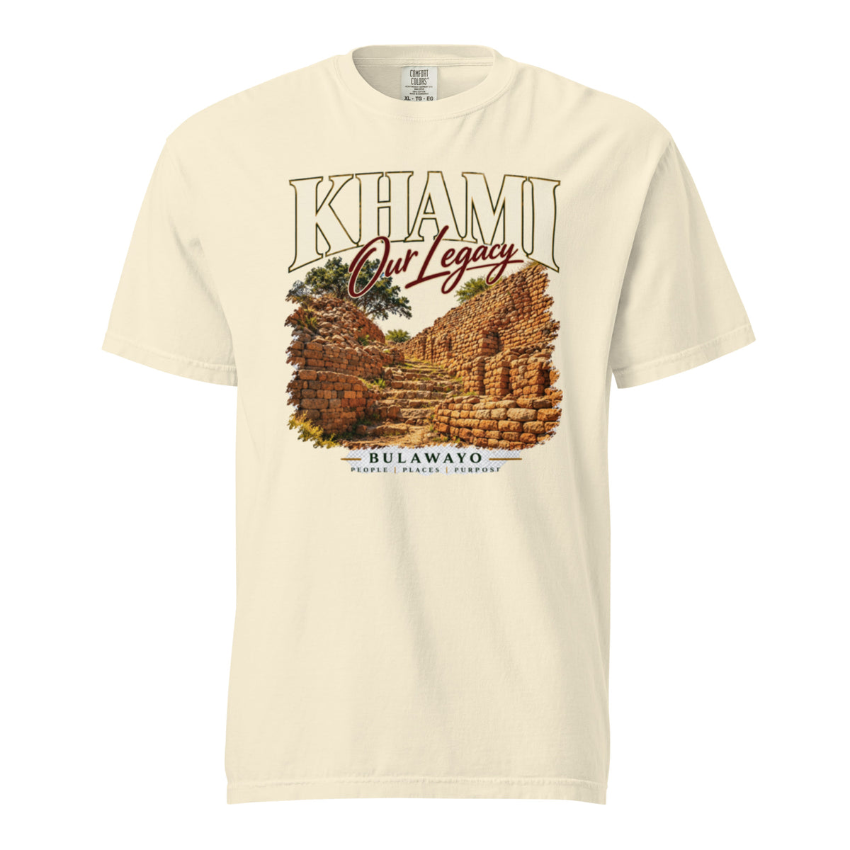 Ivory tee only: Front view of ivory Khami heavyweight t-shirt with stone ruins artwork, “Our Legacy” and “Bulawayo” lettering.