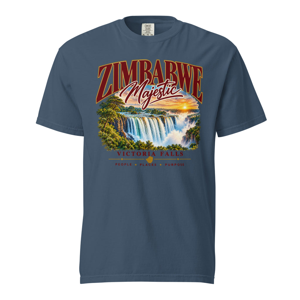Front view of midnight blue Victoria Falls heavyweight t-shirt with waterfall artwork and “Zimbabwe Majestic” lettering.