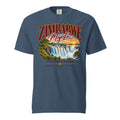 Front view of midnight blue Victoria Falls heavyweight t-shirt with waterfall artwork and “Zimbabwe Majestic” lettering.