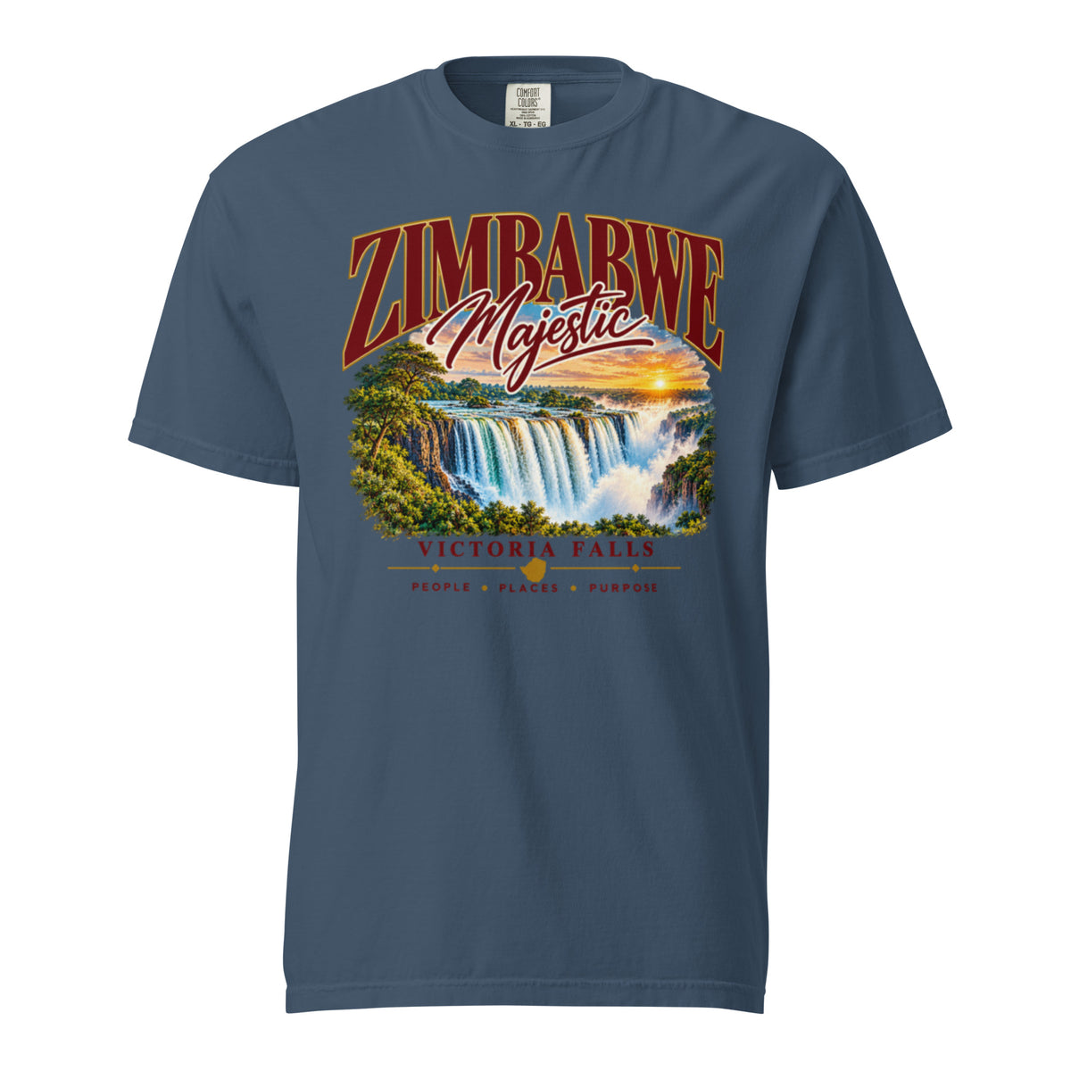 Front view of midnight blue Victoria Falls heavyweight t-shirt with waterfall artwork and “Zimbabwe Majestic” lettering.