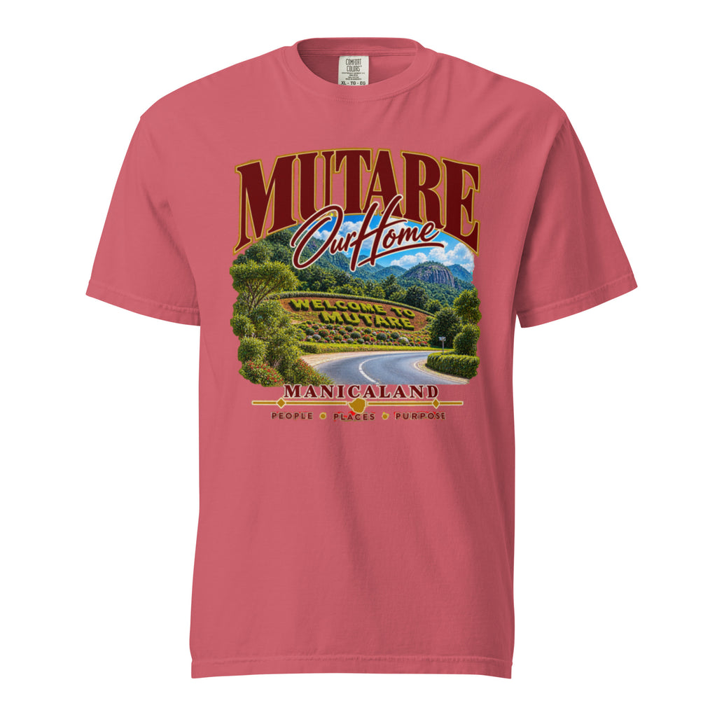 Front view of watermelon pink Mutare heavyweight t-shirt with scenic road artwork, “Mutare Our Home” and “Manicaland” lettering.