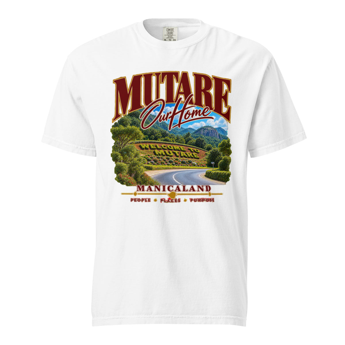 Front view of white Mutare heavyweight t-shirt with scenic road artwork, “Mutare Our Home” and “Manicaland” lettering.