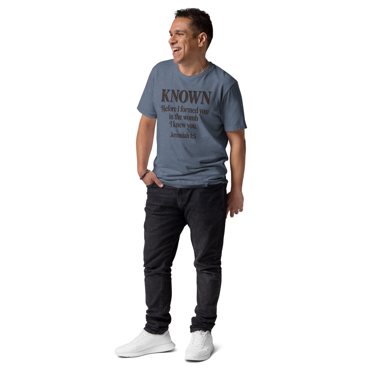 Known Jeremiah 1:5 Premium T-Shirt Dark Heather Blue – Man Wearing Christian Faith Streetwear – African Heritage – Sister Style