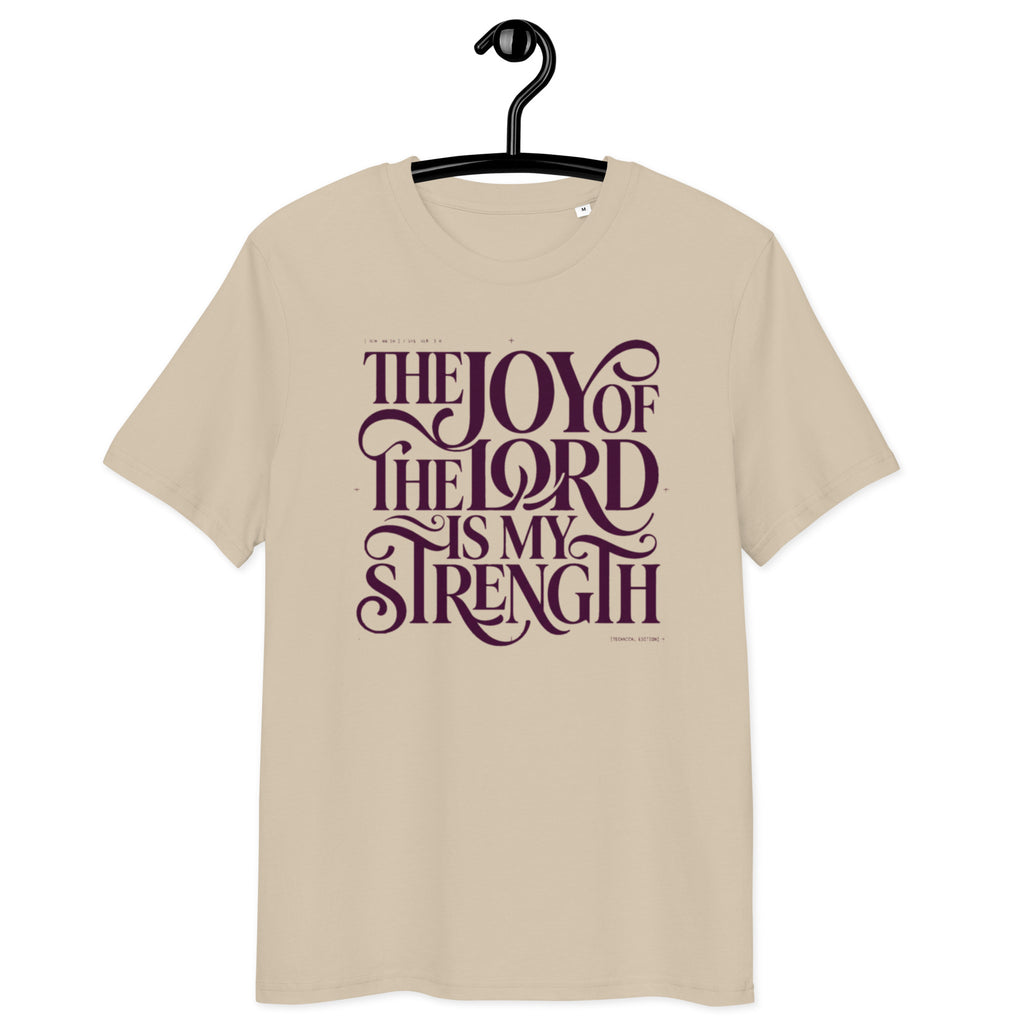 Front view of Desert Dust Joy of the Lord t-shirt on a hanger, with “The Joy of the Lord Is My Strength” in dark flowing lettering