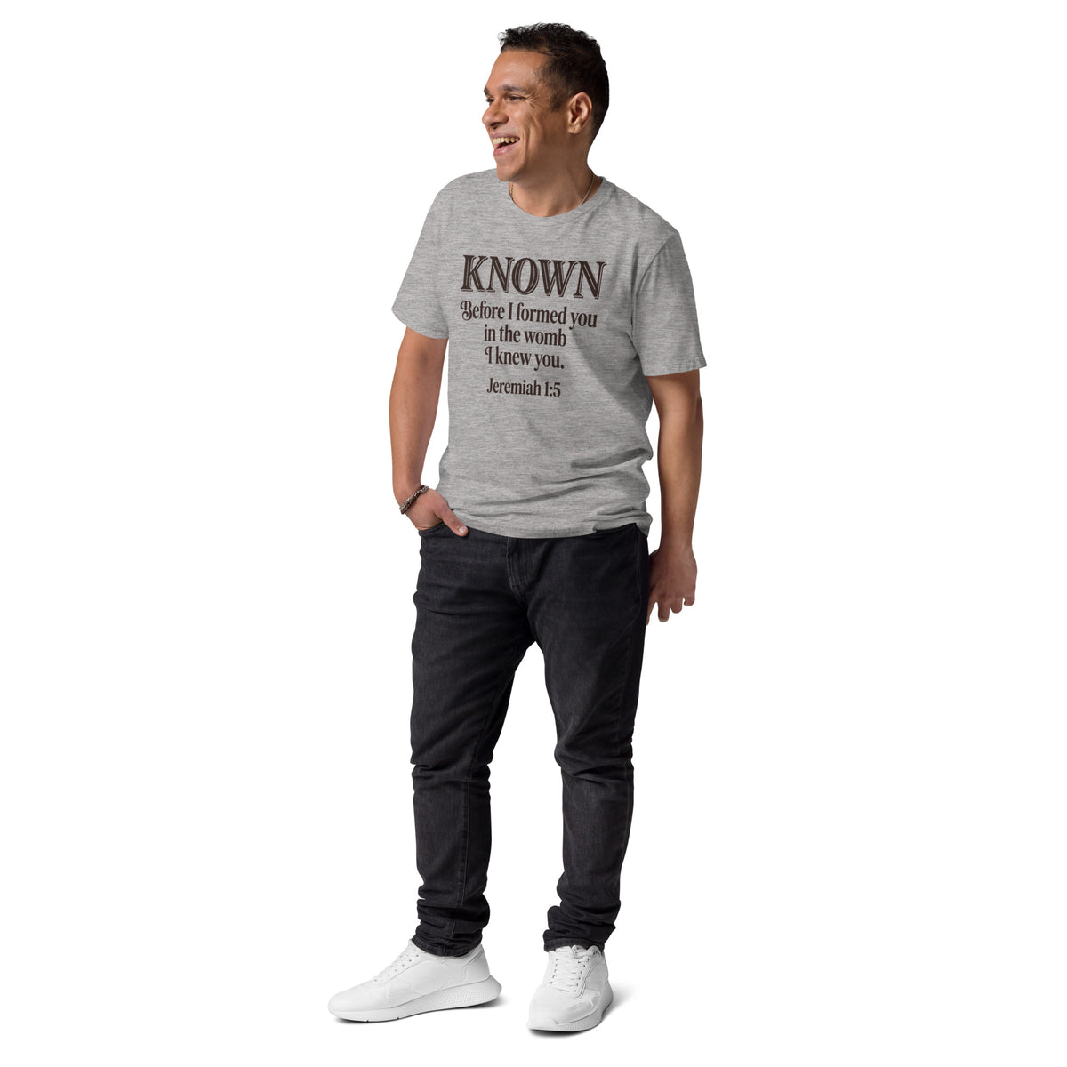 Known Jeremiah 1:5 Premium T-Shirt Heather Grey – Man Wearing Christian Faith Streetwear – African Heritage – Sister Style