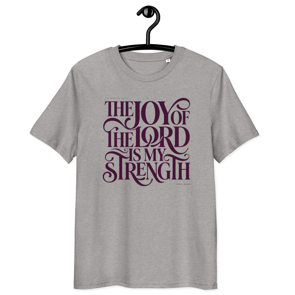 Front view of Heather Grey Joy of the Lord t-shirt on a hanger, with “The Joy of the Lord Is My Strength” in dark flowing lettering.