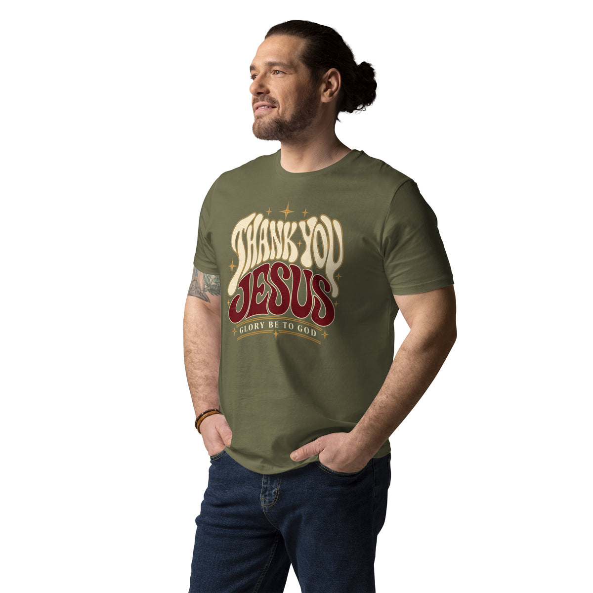 Man wearing a Khaki Thank You Jesus organic cotton t-shirt with cream and deep red lettering, angled front view.