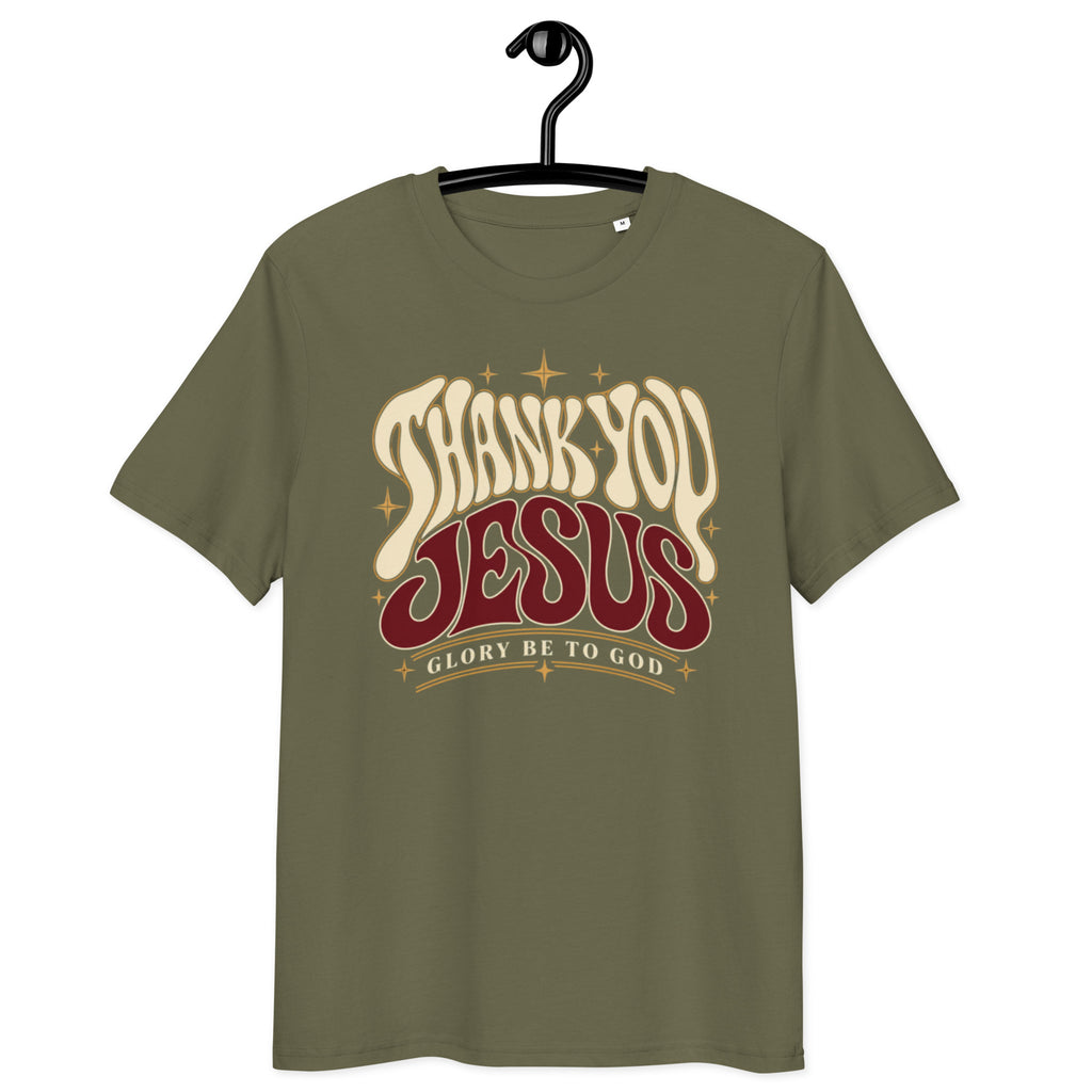 Front view of Khaki Thank You Jesus t-shirt on a hanger, with retro lettering, star accents and “Glory Be to God” beneath.
