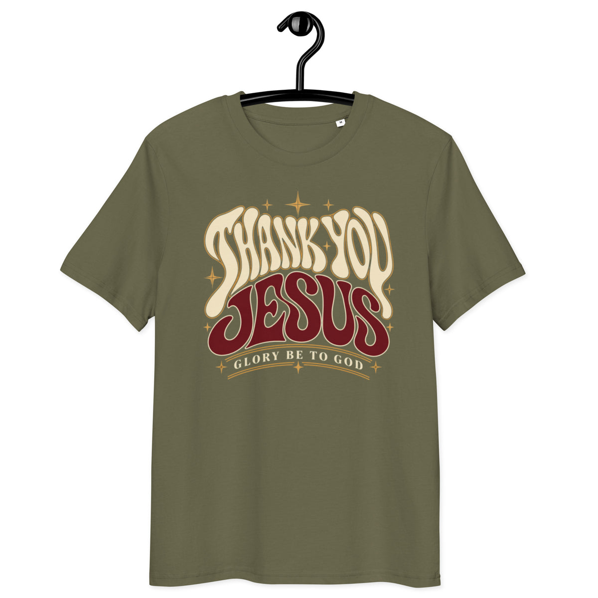 Front view of Khaki Thank You Jesus t-shirt on a hanger, with retro lettering, star accents and “Glory Be to God” beneath.