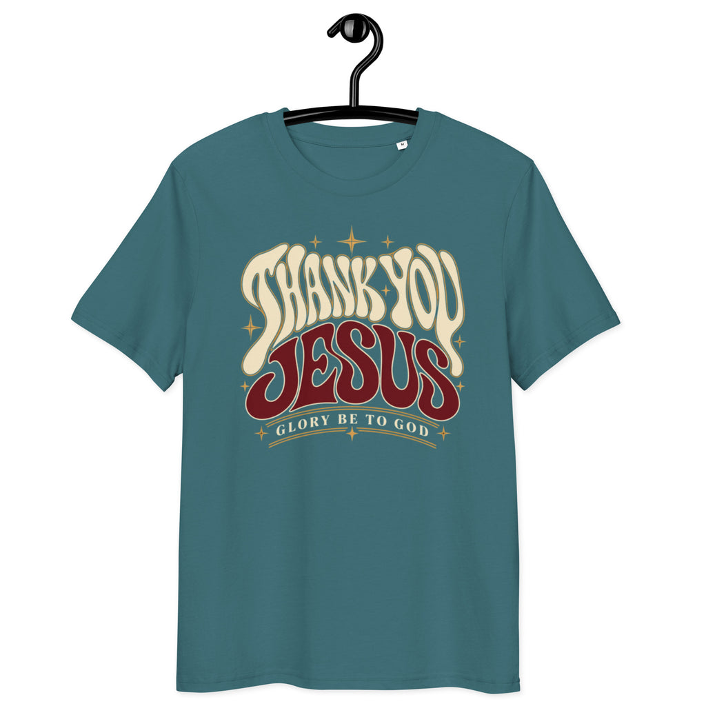 Front view of Stargazer Thank You Jesus t-shirt on a hanger, with retro lettering, star accents and “Glory Be to God” beneath.