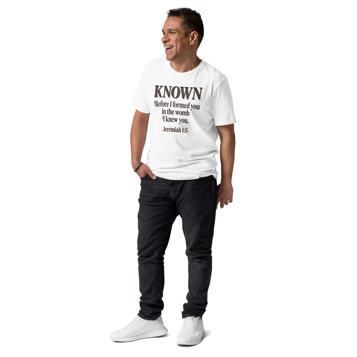 Known Jeremiah 1:5 Premium T-Shirt White – Man Wearing Christian Faith Streetwear – African Heritage – Sister Style