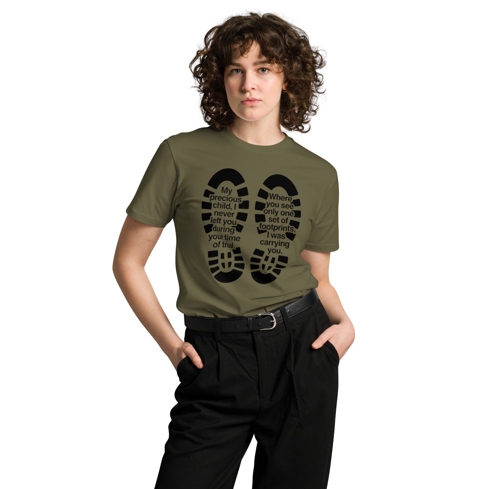 `Footprints My Precious Child Tee – Christian Faith Streetwear – Sister Style African heritage unisex tee