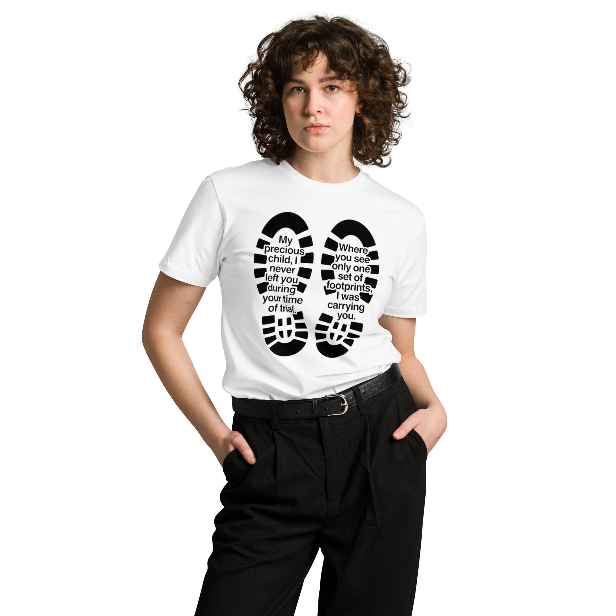 `Footprints My Precious Child Tee – Christian Faith Streetwear – Sister Style African heritage unisex tee